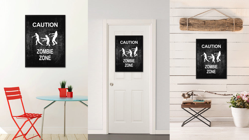 "Caution Zombie Zone" Sign Black Print on Canvas with Picture Frame, 22"x29"