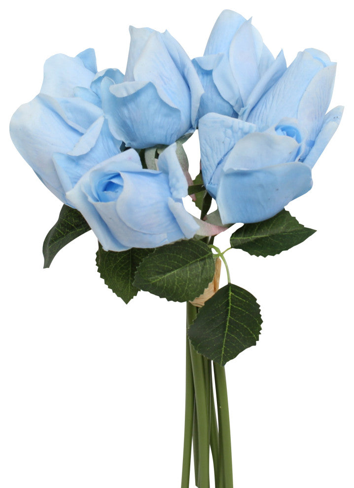 Set Of 7 Artificial Large Rosebud Stems, Soft Blue