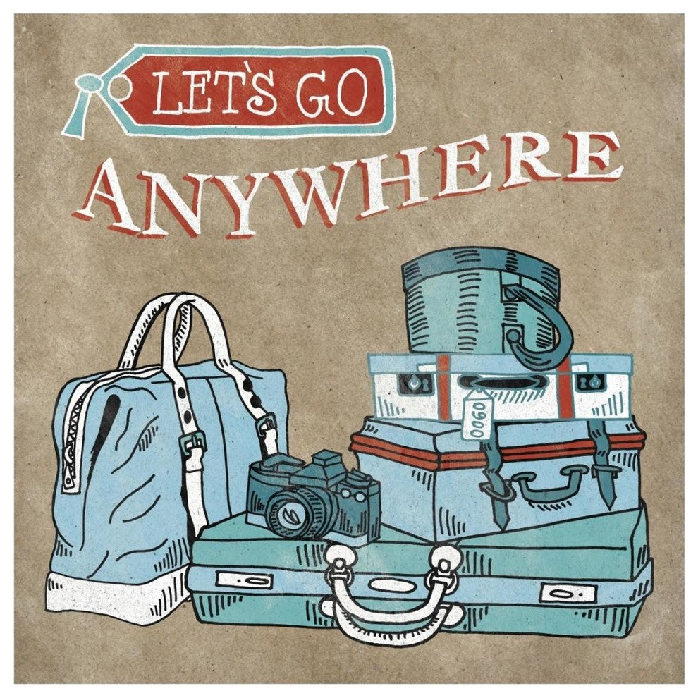 "Adventure Love Suitcase Taupe" Digital Paper Print by Mary Urban, 32"x32"