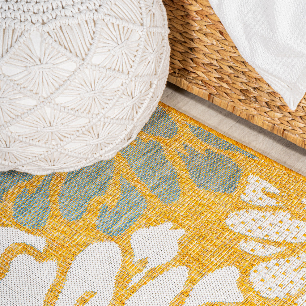 Zinnia Modern Floral Textured Weave Indoor/Outdoor, Yellow/Cream, 2x8
