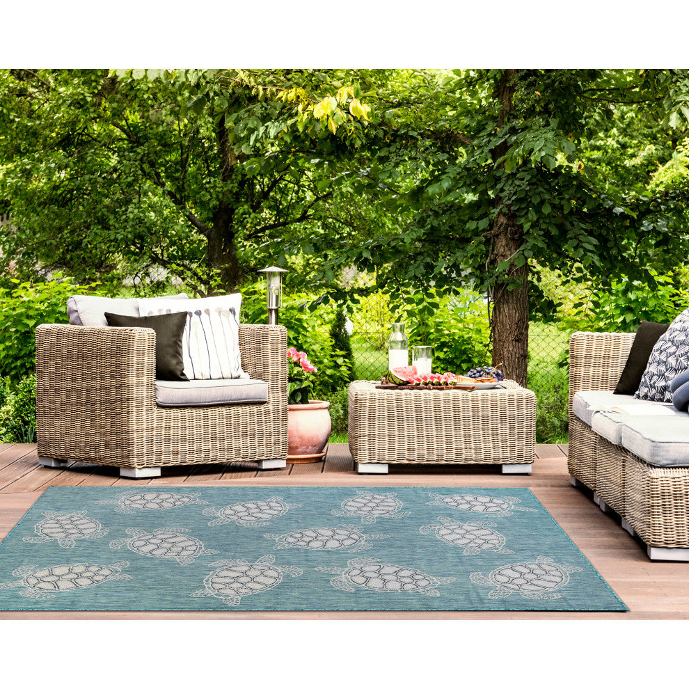 Carmel Seaturtles Indoor/Outdoor Rug, Aqua, 4'10"x7'6"