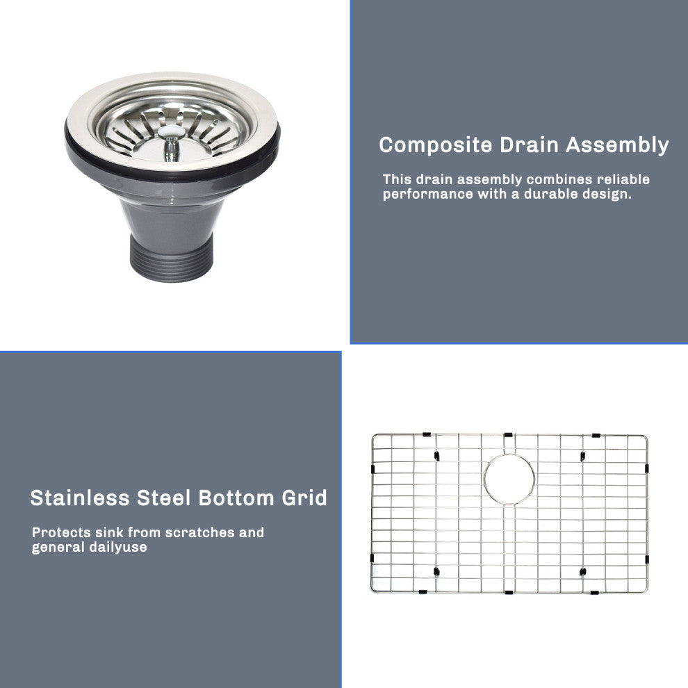 27" x 18" Stainless Steel Undermount Kitchen Sink with Grid and Strainer