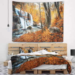 Autumn Mountain Waterfall Close View Landscape Wall Tapestry, 92"x78"