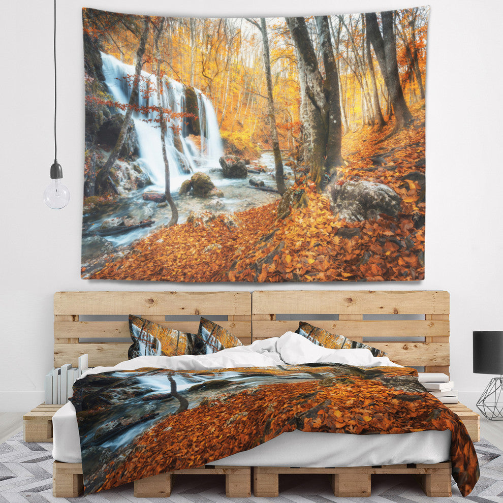 Autumn Mountain Waterfall Close View Landscape Wall Tapestry, 92"x78"