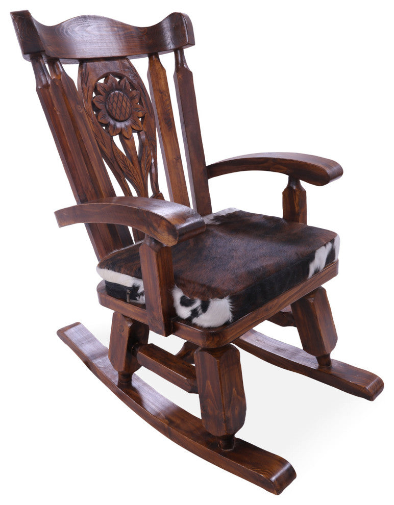 Wooden Rocking Chair Handcarved Back Removable Hair-On Cowhide Pillow RC133-CP