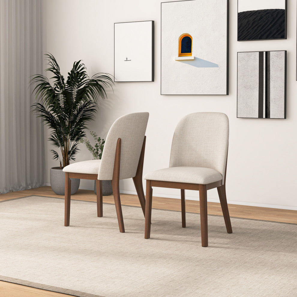 Belfast Mid-Century Modern Solid Wood Upholstered Dining Chair, Set of 2, Cream