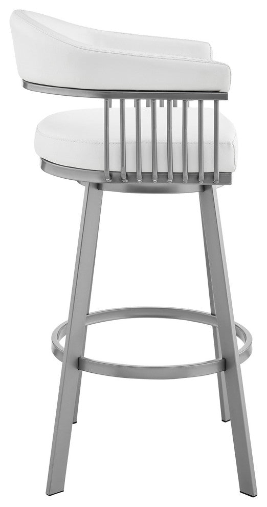 Benzara BM282634 25" Modern Counter Stool Chair Vegan Leather Swivel, White