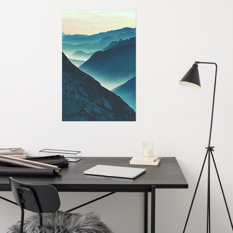 Misty Blue Silhouette Mountain Range Landscape Photo Unframed Wall Art Prints, 24" X 36"