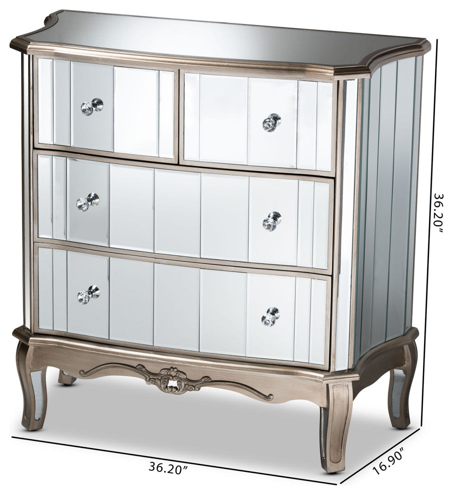 Elgin Brushed Silver Finished Wood and Mirrored Glass 4-Drawer Cabinet