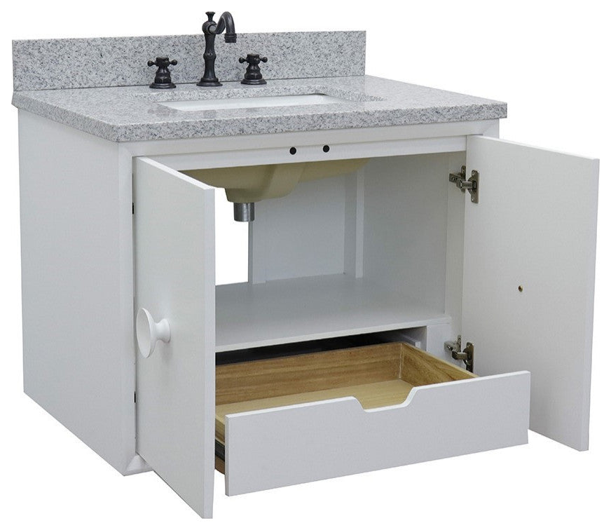 31" Single Wall Mount Vanity, White Finish With Gray Granite Top