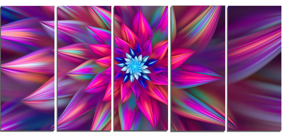 Huge Purple Pink Fractal Flower, Floral Canvas Art Print, 60"x28", 5 Panels