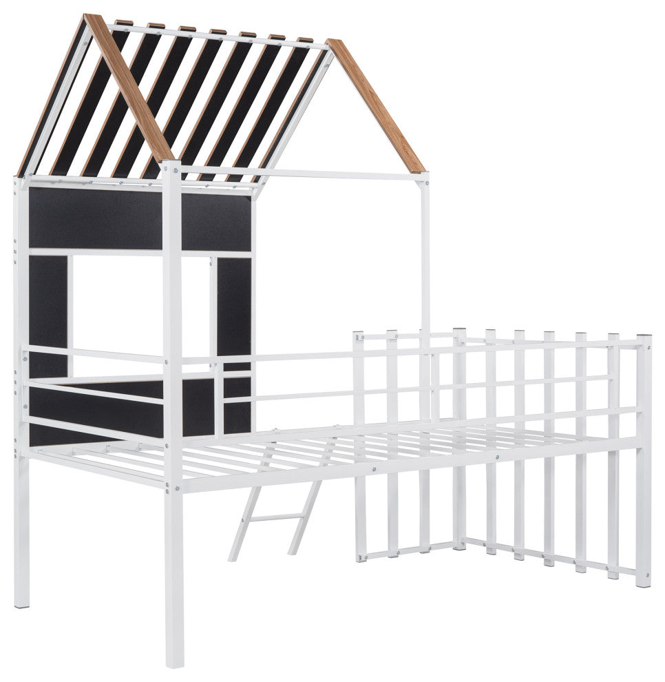 Gewnee Metal Twin Loft Bed with Roof, Window and Ladder in White