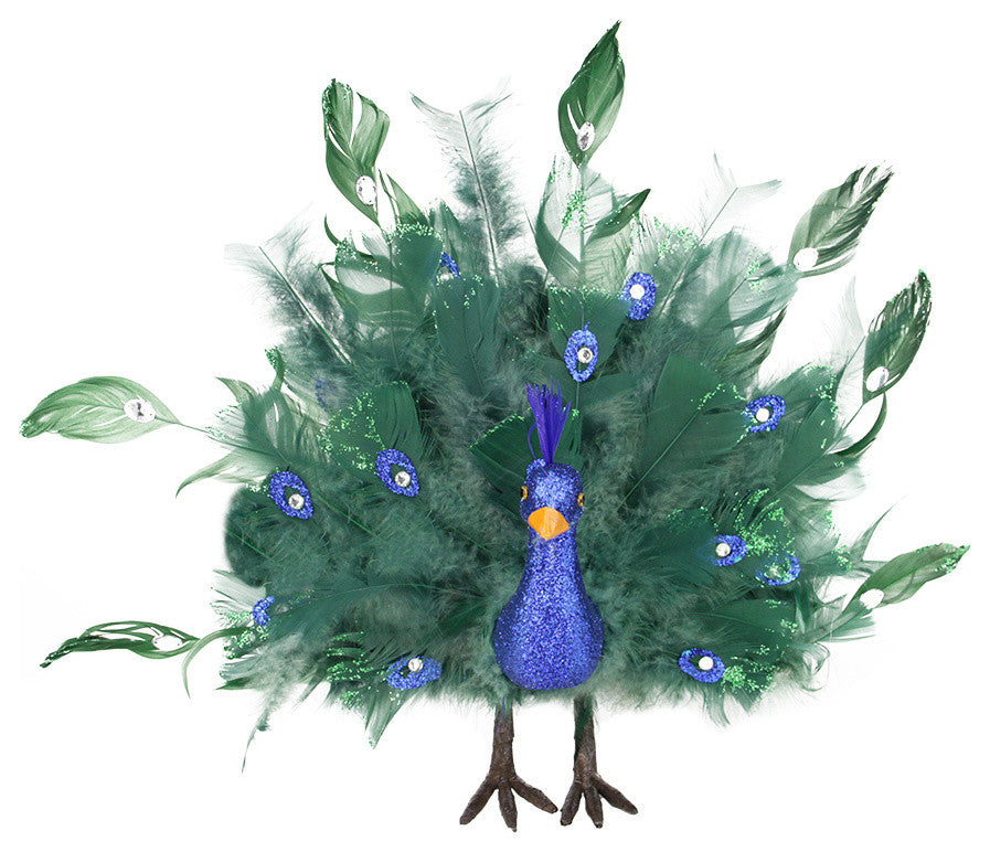 Regal Peacock Bird With Open Tail Feathers Decoration, Colorful Green, 14"