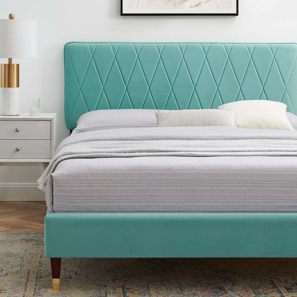 Platform Bed Frame, King Size, Velvet, Blue, Modern Contemporary, Bedroom Master
