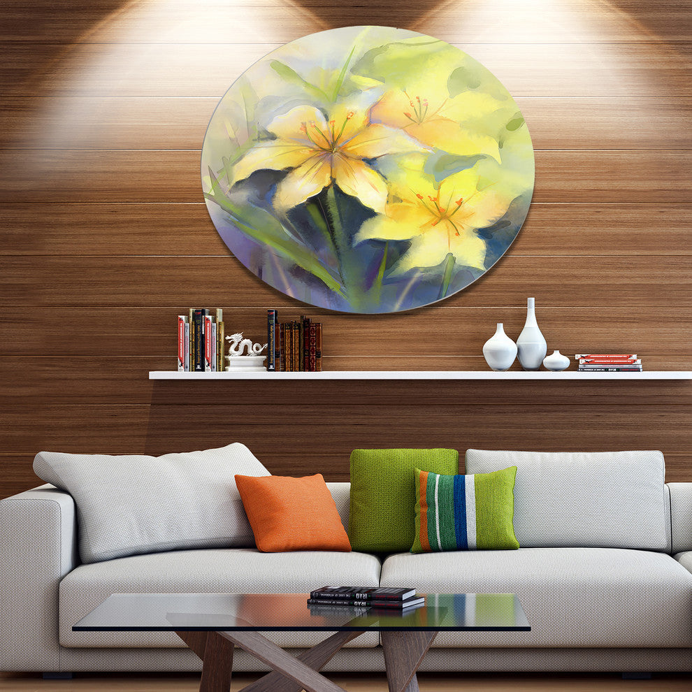 Watercolor Painting Yellow Lily Flower, Floral Disc Metal Wall Art, 36"