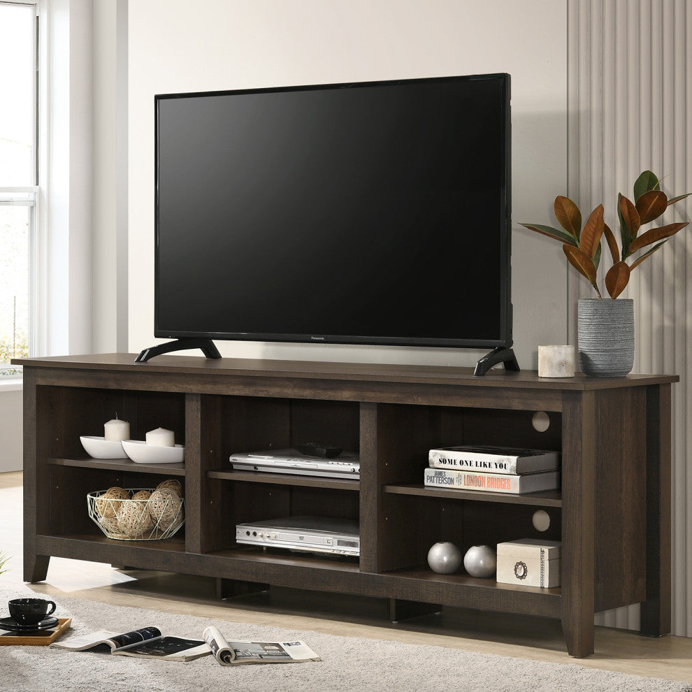 6 Open Shelves Rectangle TV Stand, Dark Dusty Brown