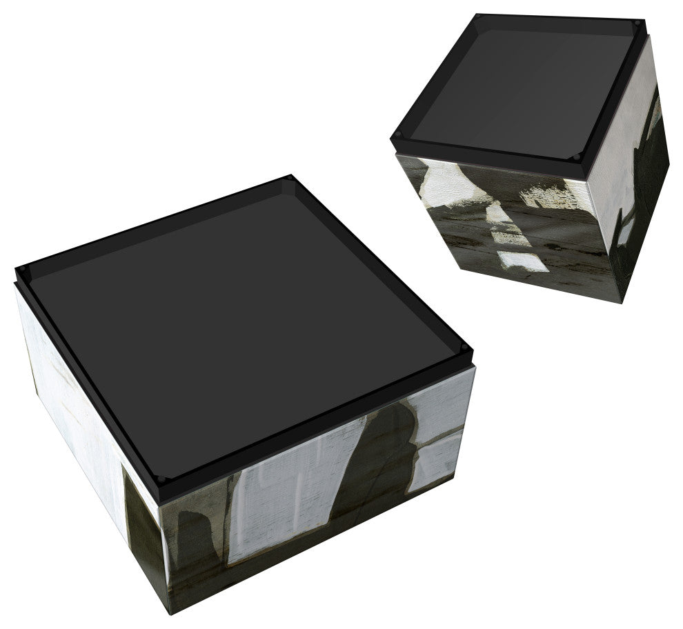 "Ode an Kline" Printed Art Glass Cocktail Table with Black Plinth Base Set of 2