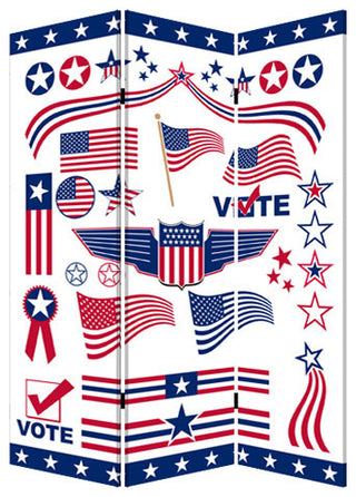 72" Blue and White Canvas Folding Three Panel Screen Room Divider