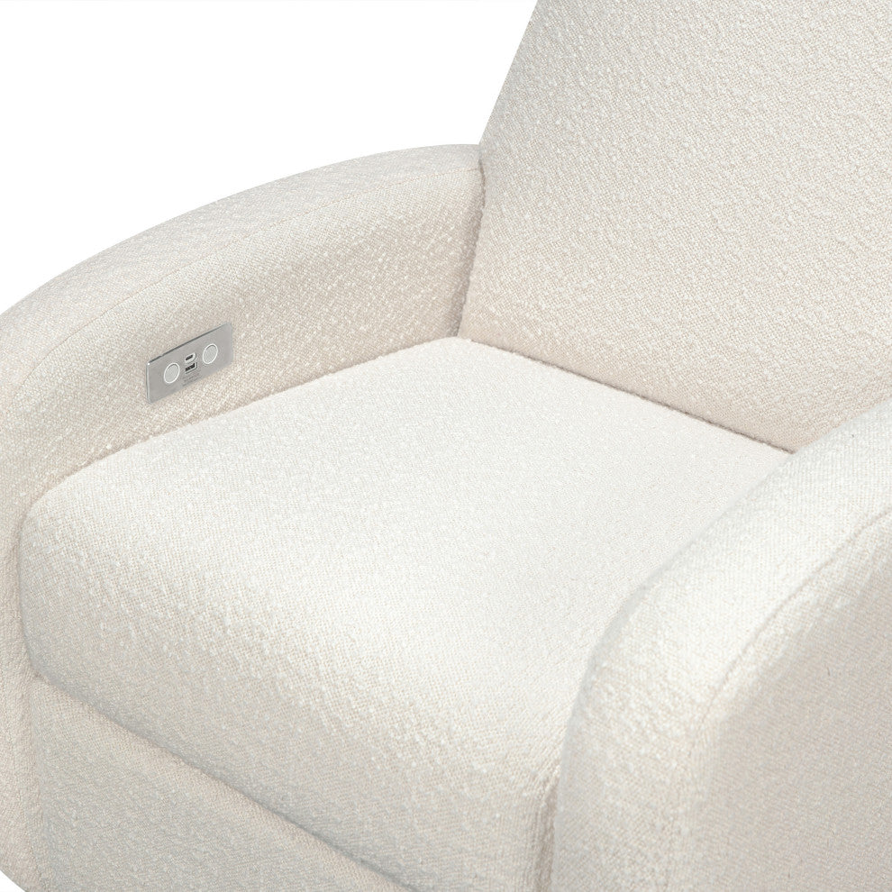 Nami Electronic Recliner and Swivel Glider Recliner, Boucle With USB port, Ivory Boucle With Light Wood Base