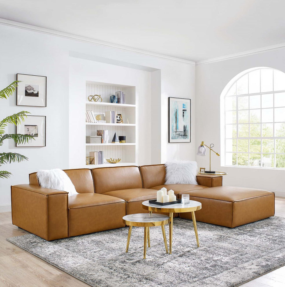 Sectional Sofa Set, Faux Vegan Leather, Tan, Modern, Living Lounge Hospitality