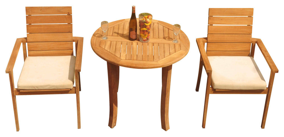 3-Piece Outdoor Teak Dining Set: 36" Round Table, 2 Alps Stacking Arm Chairs