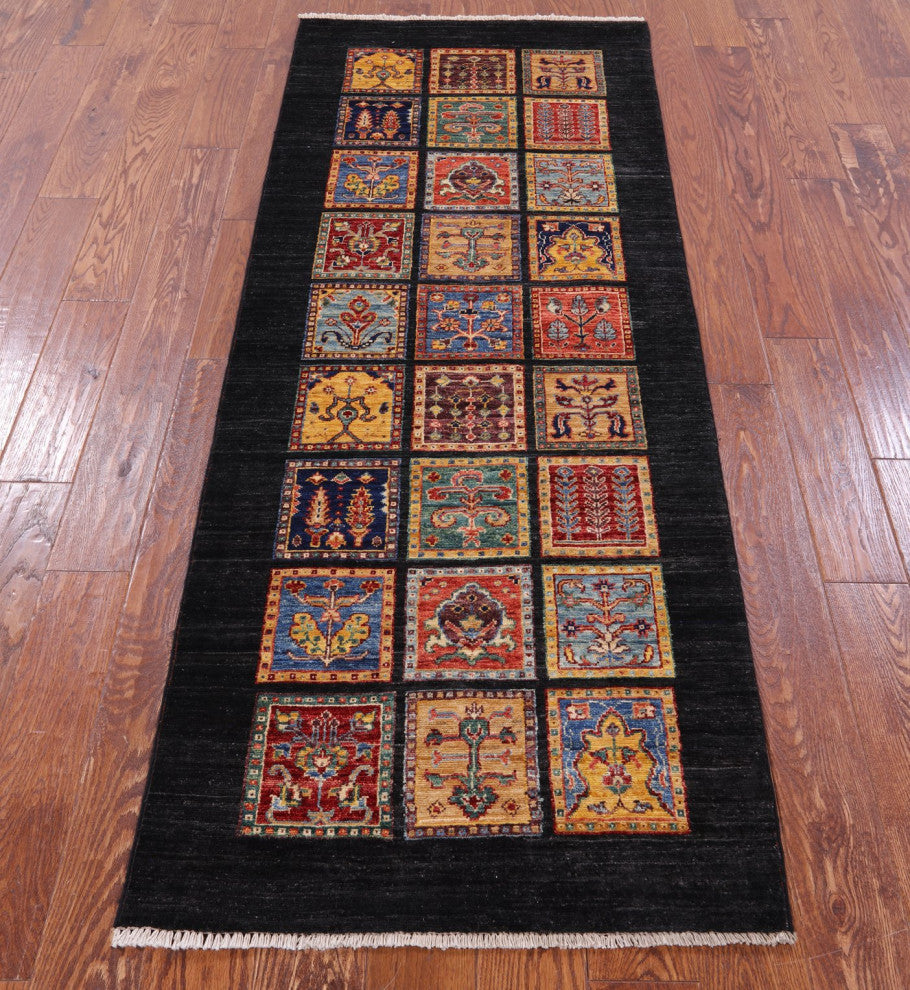 Persian Garden Design Black Handmade Wool Runner Rug 2' 8" X 7' 1" Q10692