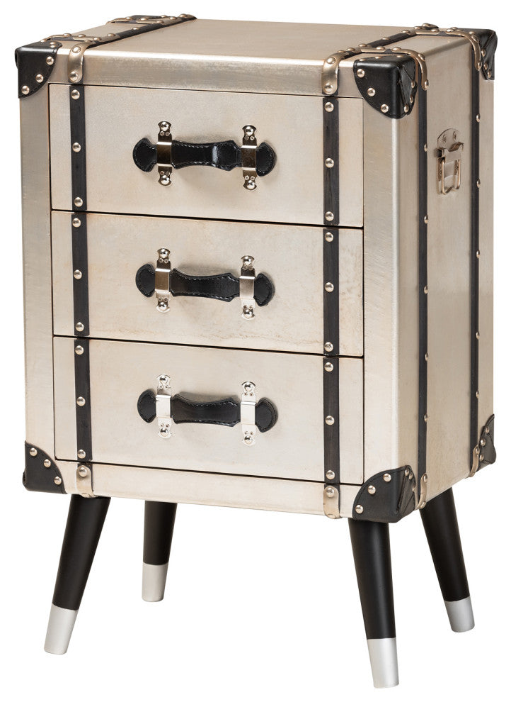 Silven Antique Silver Metal Trunk Inspired 3-Drawer Nightstand
