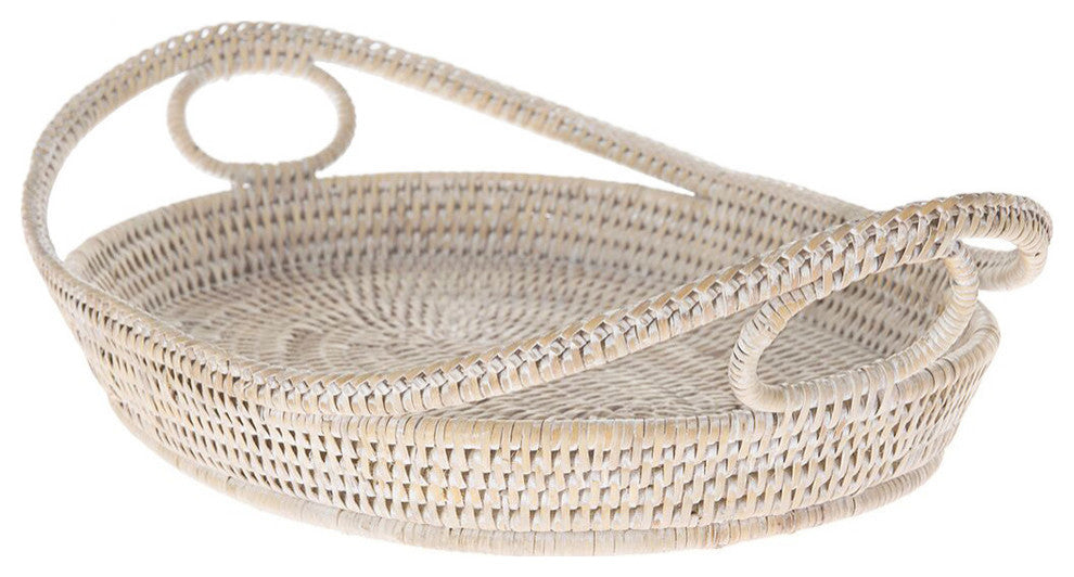 La Jolla Oval Rattan Tray With Looped Handles, White-Wash