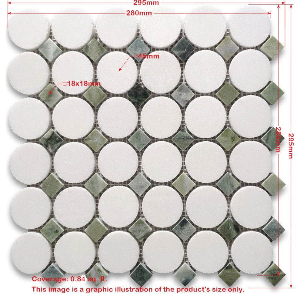 Thassos White Marble Round Mosaic Tile Sagano Vibrant Green Dots, 1 sheet