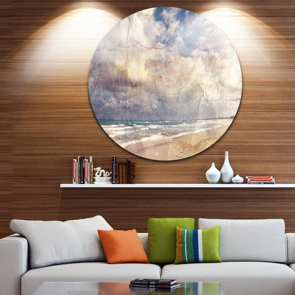 Retro Ocean Watercolor, Seascape Painting Round Metal Wall Art, 11"