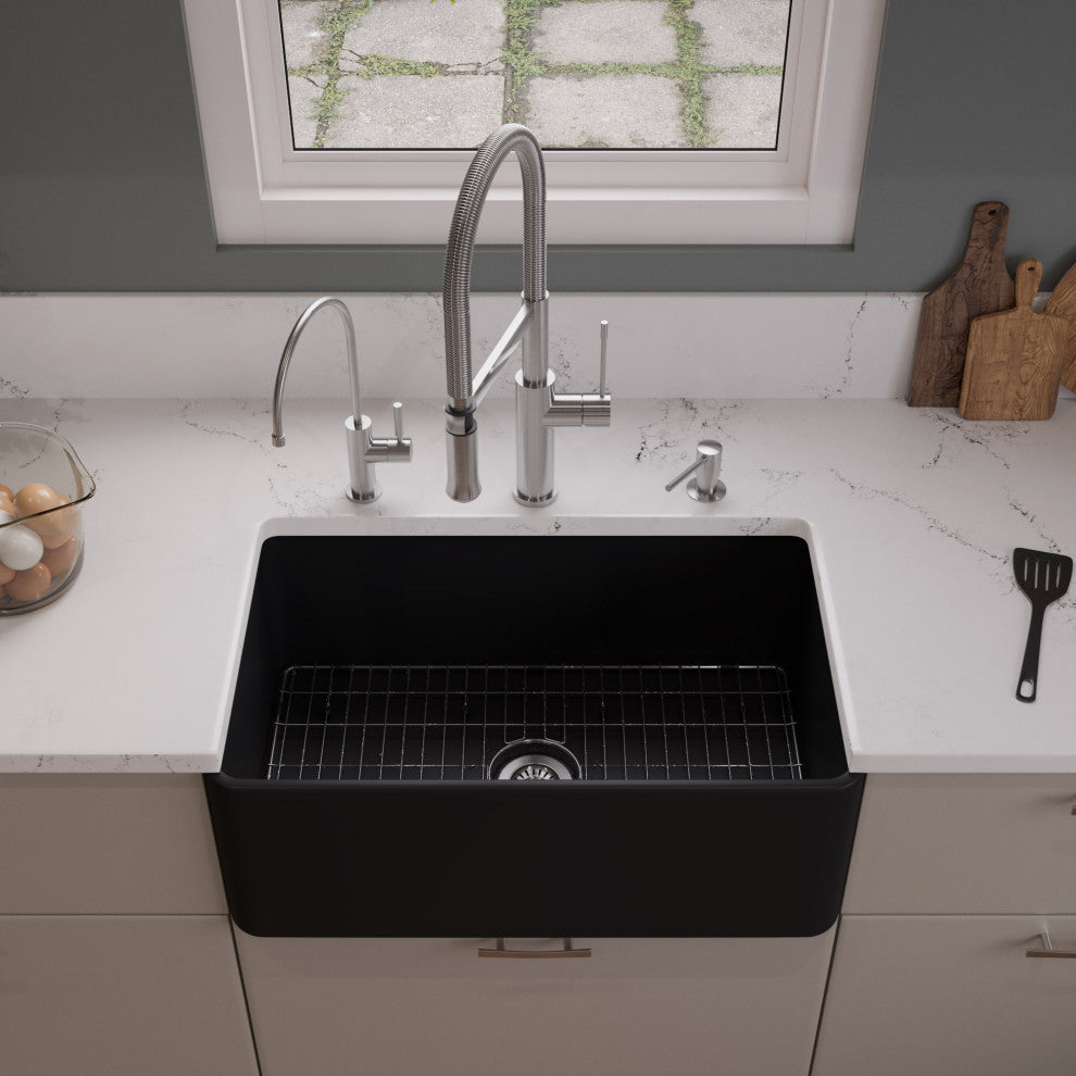 Smooth Apron Fireclay Farm Sink, Black Matte, 30"x18", Single Bowl