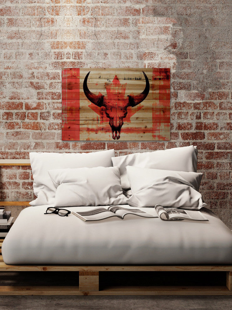 "Red Leaf Skull" Print on Natural Pine Wood, 36"x24"