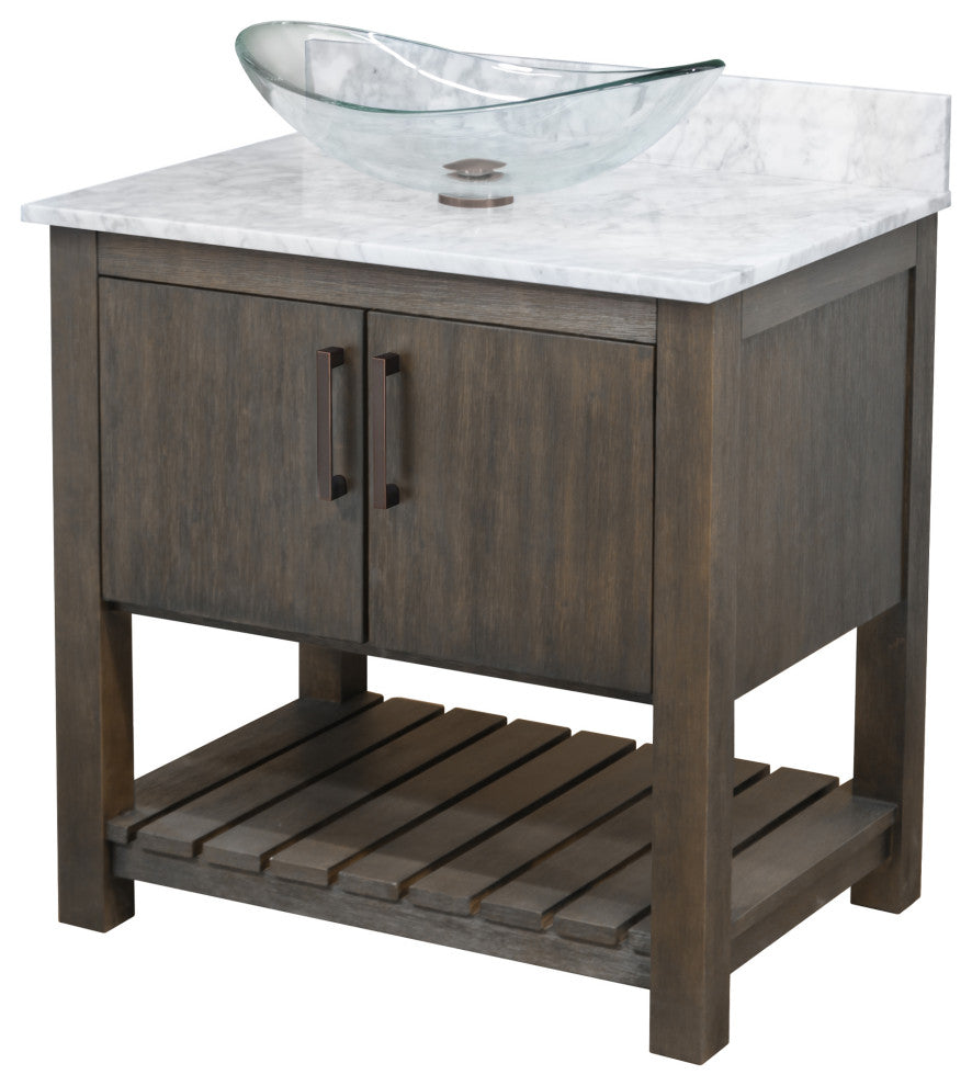 30" Vanity, Carrara White Marble Top, Sink, Drain, Mounting Ring, and P-Trap, Oil Rubbed Bronze, Without Mirror