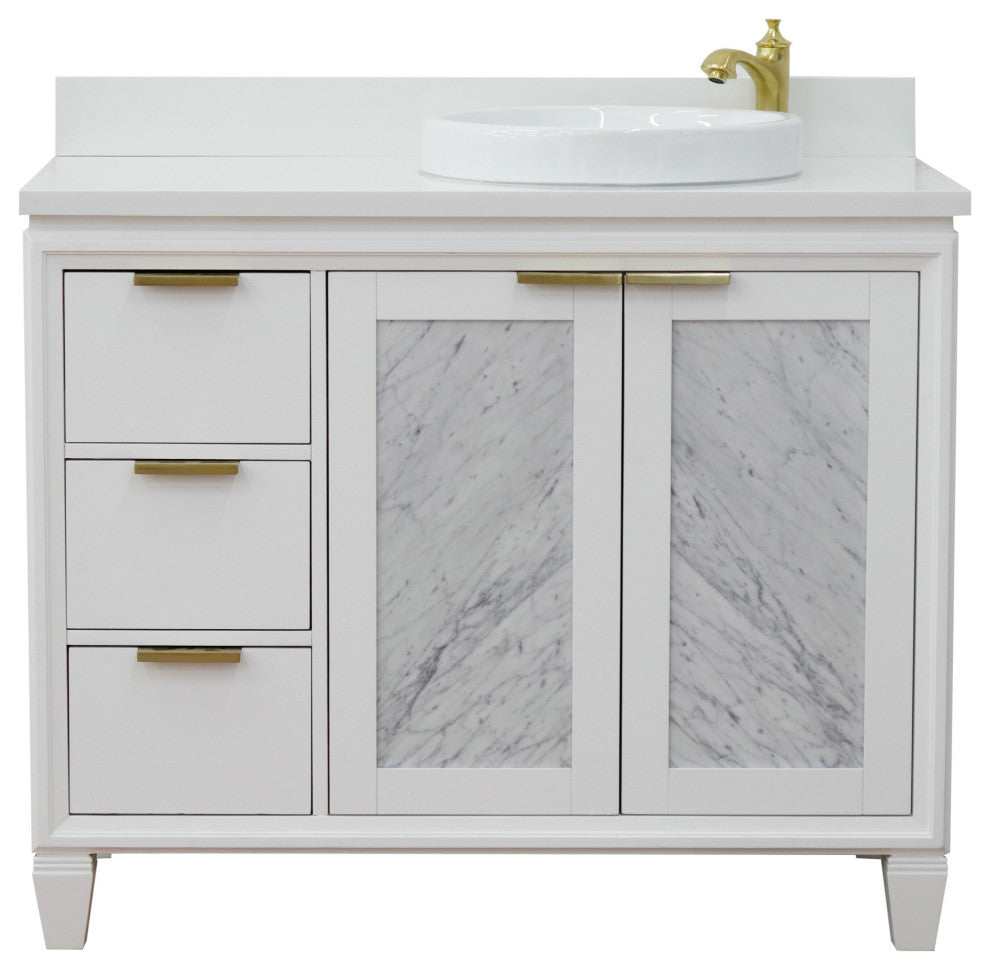 43" Single Vanity, White Finish With White Engineered Stone Top