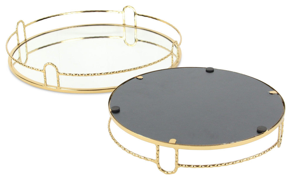 Mianzi Round Quilted Rim Gold Metal Trays (Set of 2)