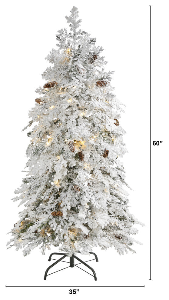 5' Flocked Montana Down Swept Spruce Faux Xmas Tree With 100 Clear LED Lights