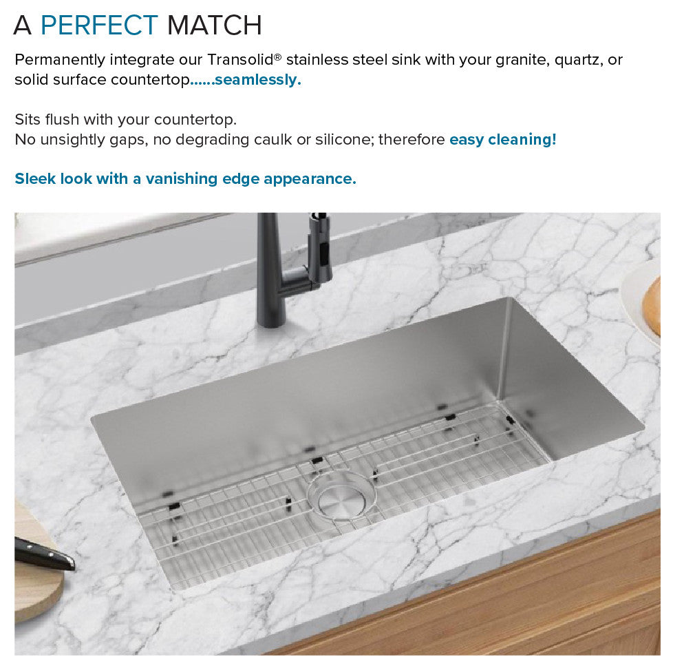 Transolid 32"x17" Rimless Single Bowl Kitchen Sink, Stainless
