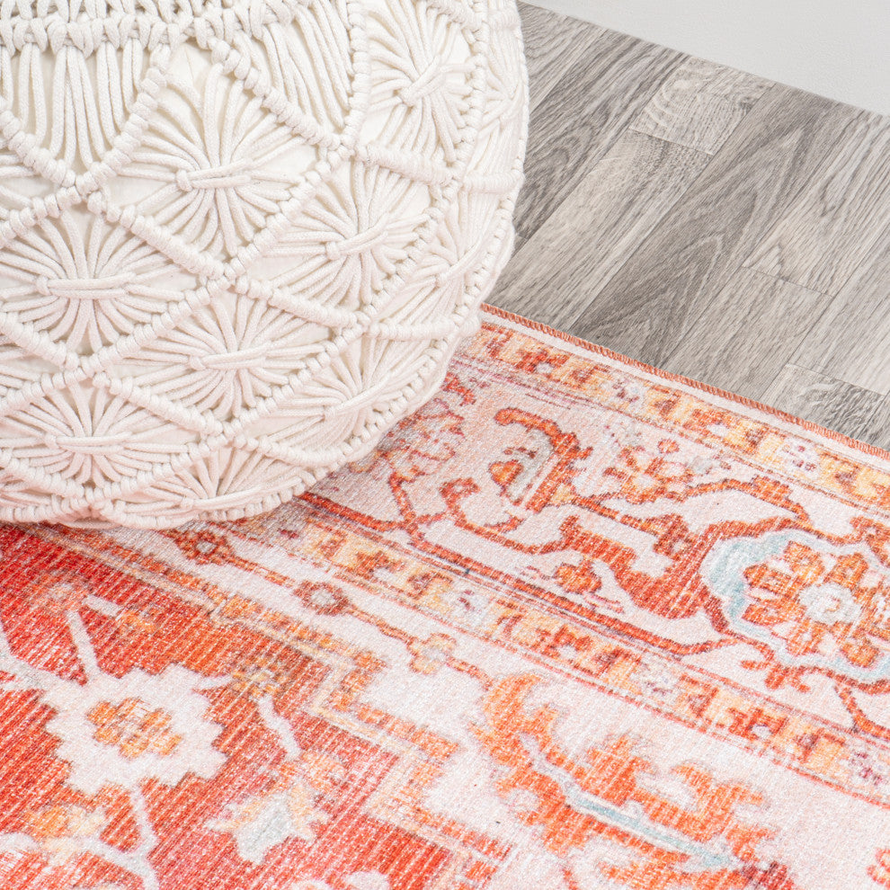 Asa Ornate Medallion Machine Washable Indoor Area Rug, Orange/Cream, 2 X 8