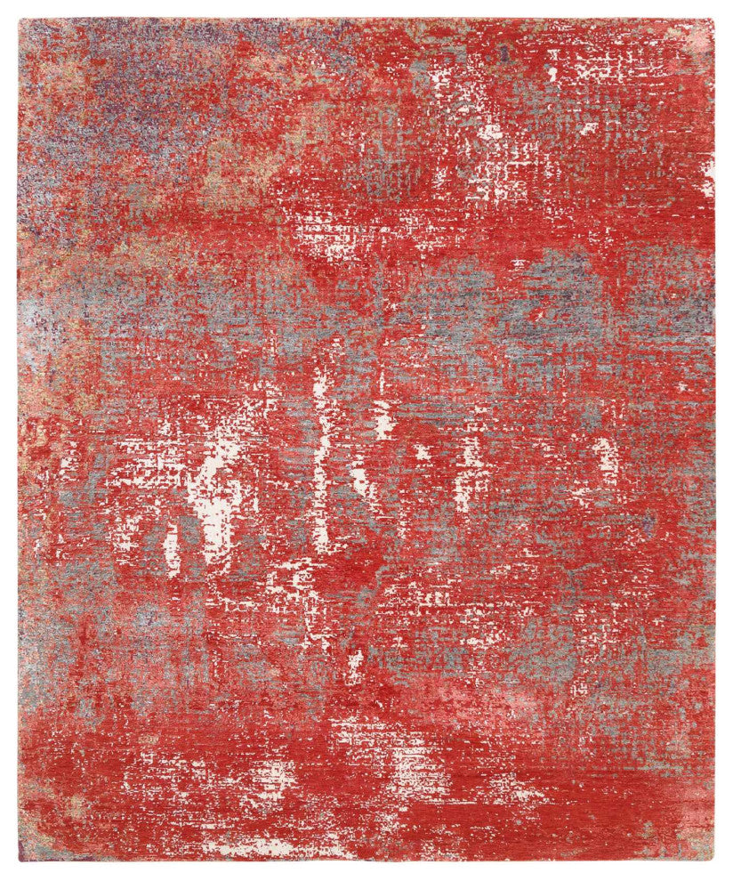 Red, Modern Design, Nepale Weave, Wool and Silk, Hand Knotted, Rug, 8'0" x 10'0"