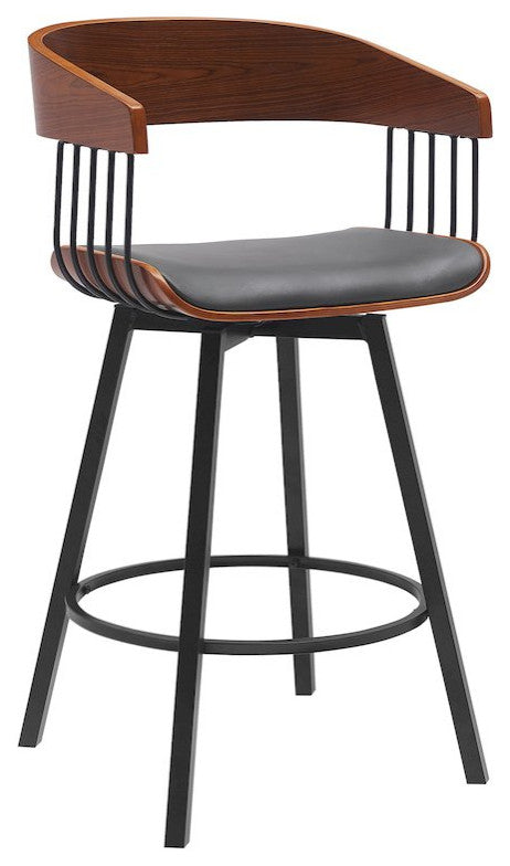 Athena Upholstered Wood Swivel Bar or Counter Stool with Black Metal