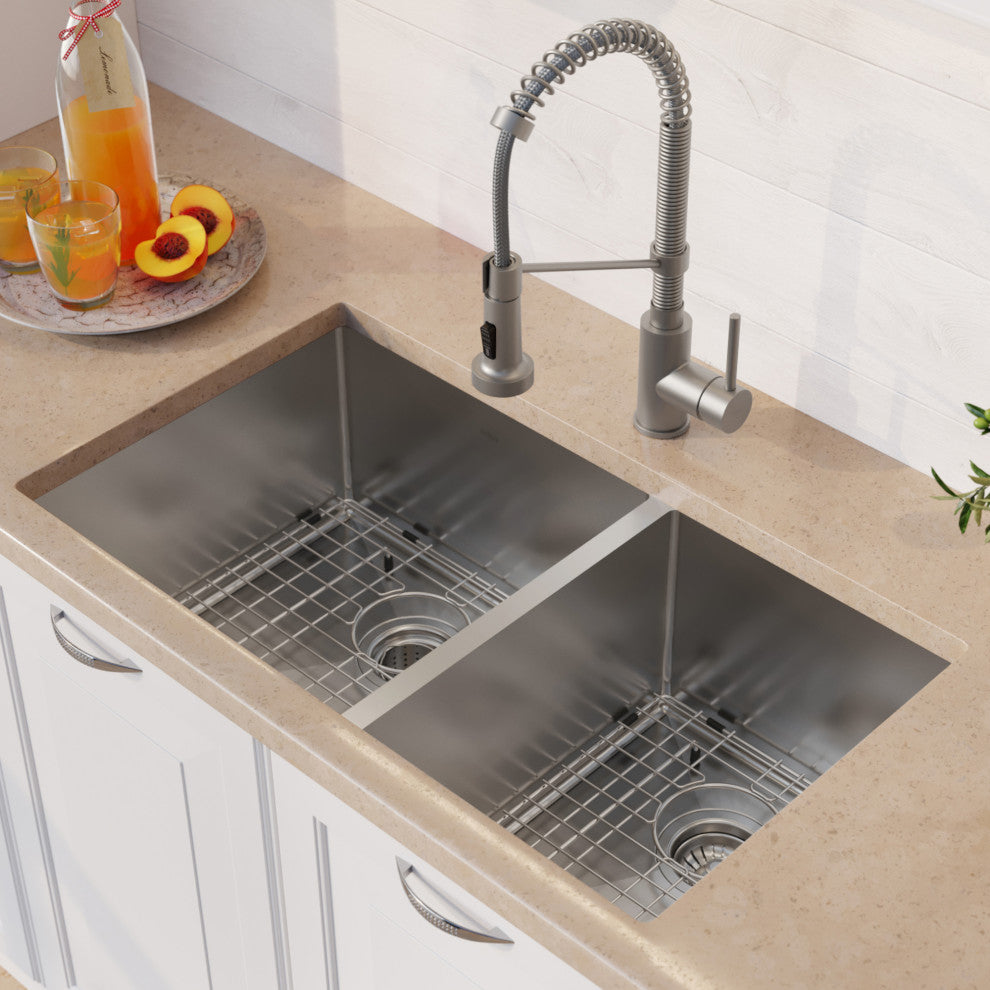 33" Undermount Stainless Steel Kitchen Sink, Pull-Down Faucet SS, Dispenser