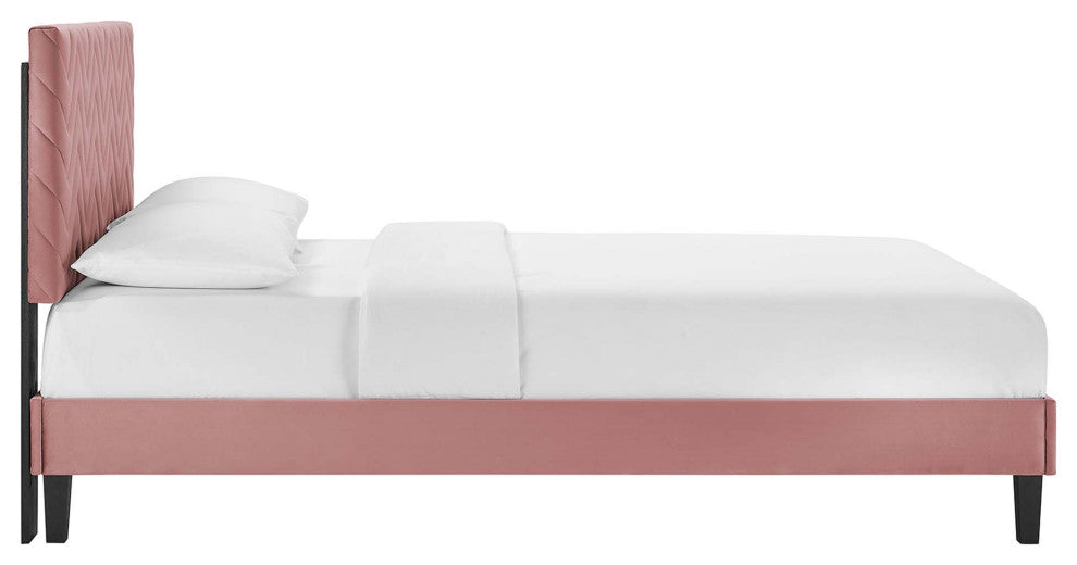 Leah Chevron Tufted Performance Velvet King Platform Bed, Dusty Rose