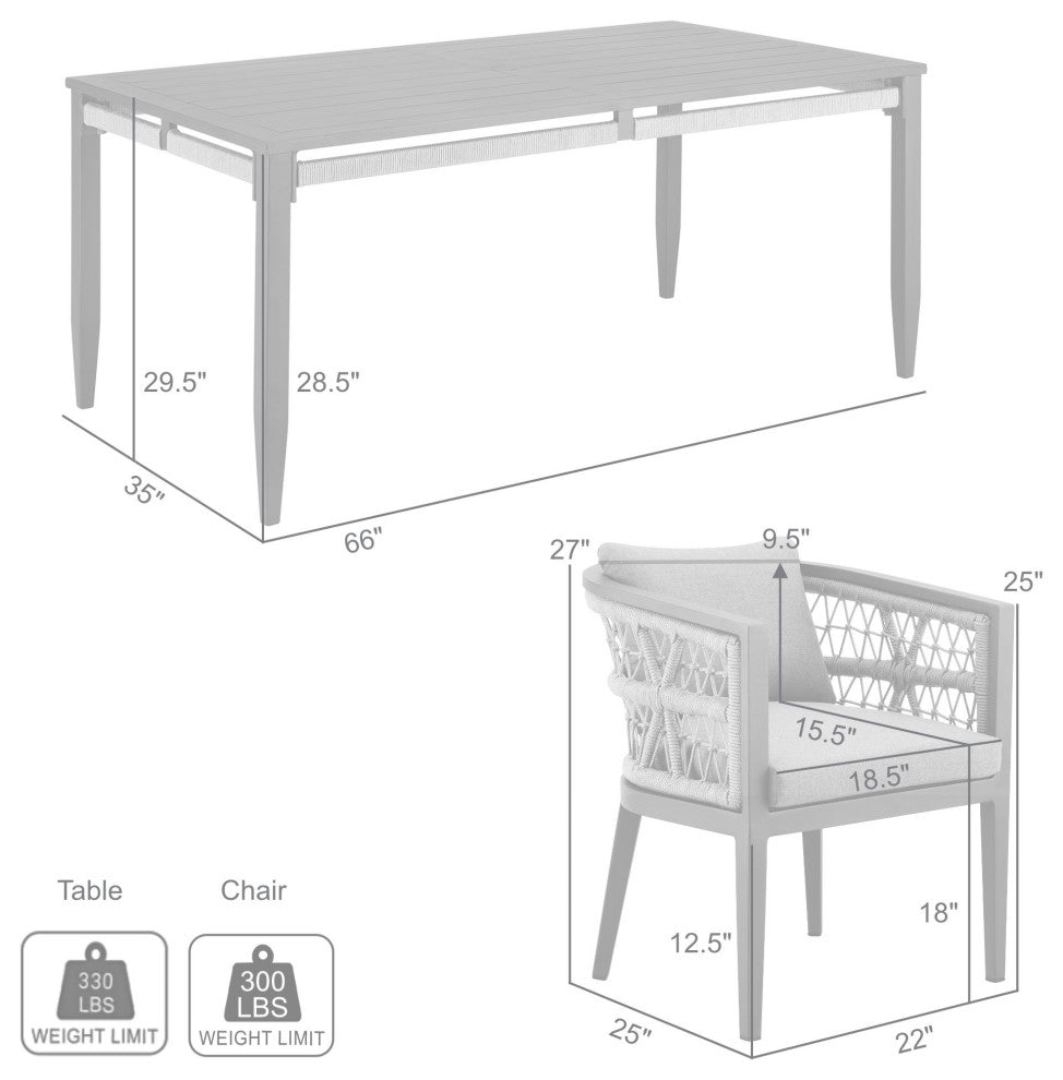 Zella Outdoor Patio 7-Piece Dining Set, Aluminum Light Gray Rope/Cushions