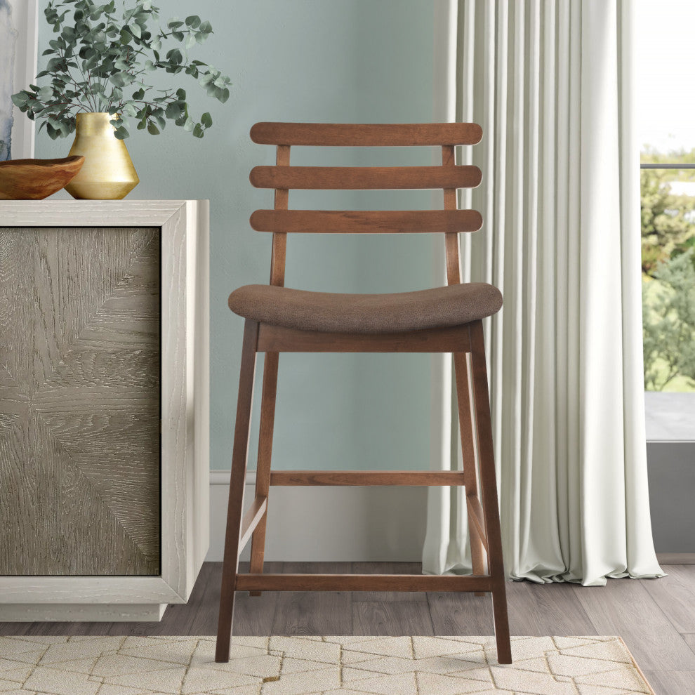 Dark Brown Wood Wooden With Ladder Back Cushion Counter Height Stools, Set of 2, Cappuccino