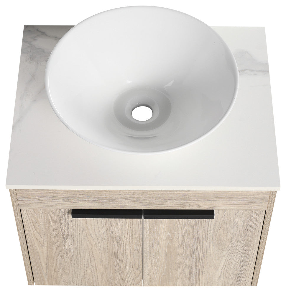 Wall-Mounted Bath Vanity, White Oak, White Ceramic Vessel Sink