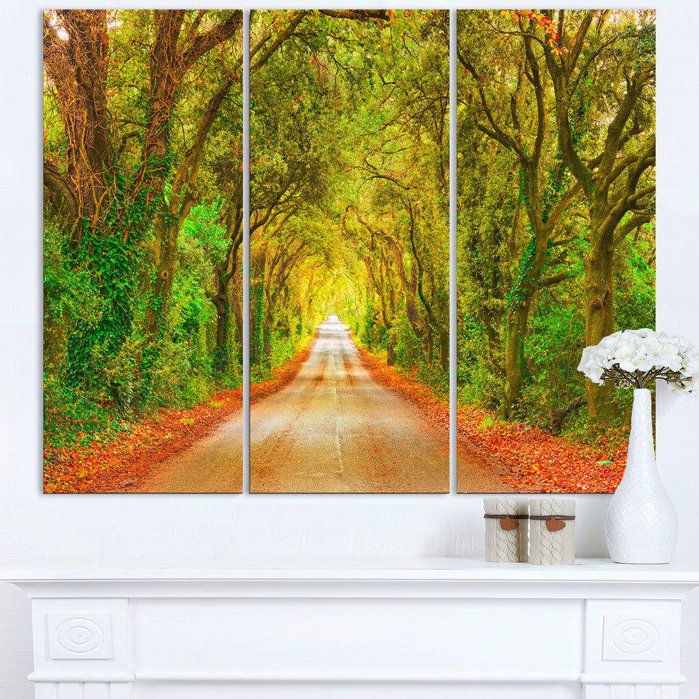 "Fall Greenery and Road Straight Ahead" Forest Metal Wall Art, 3 Panels, 36"x28"