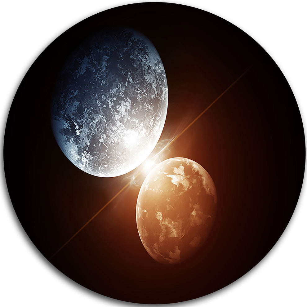 Kiss Between Two Planets, Modern Spacescape Round Metal Wall Art, 11"
