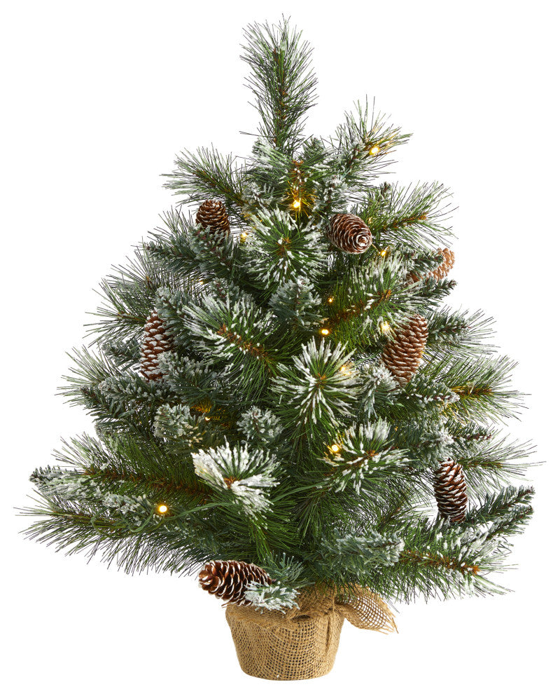 2' Frosted Pine Faux Xmas Tree W/ 35 Clear LED Lights, Pinecones and Burlap Base