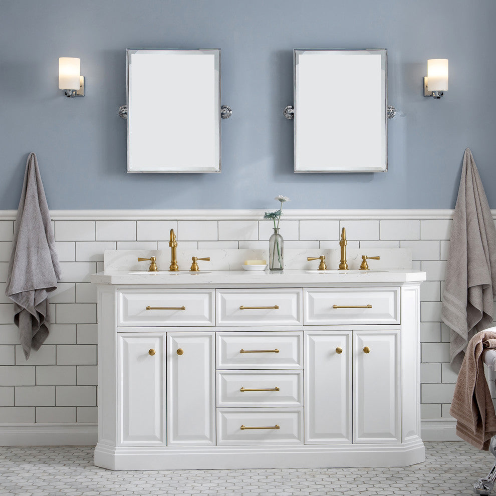 Palace 60" Double Sink Vanity White Quartz Top, Satin Brass (PVD), White