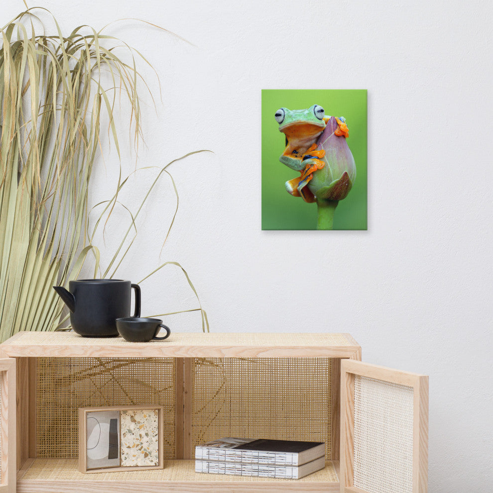 Tiny Green Tree Frog on Lotus Bloom Wildlife Floral Photo Canvas Wall Art Prints, 12" X 16"